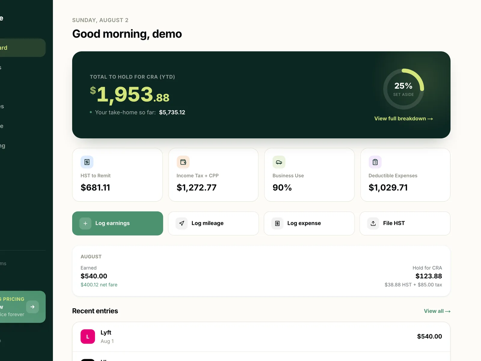The Supplee dashboard showing the total amount to hold for the CRA year to date, take-home earnings so far, and a breakdown of HST, income tax, and CPP.