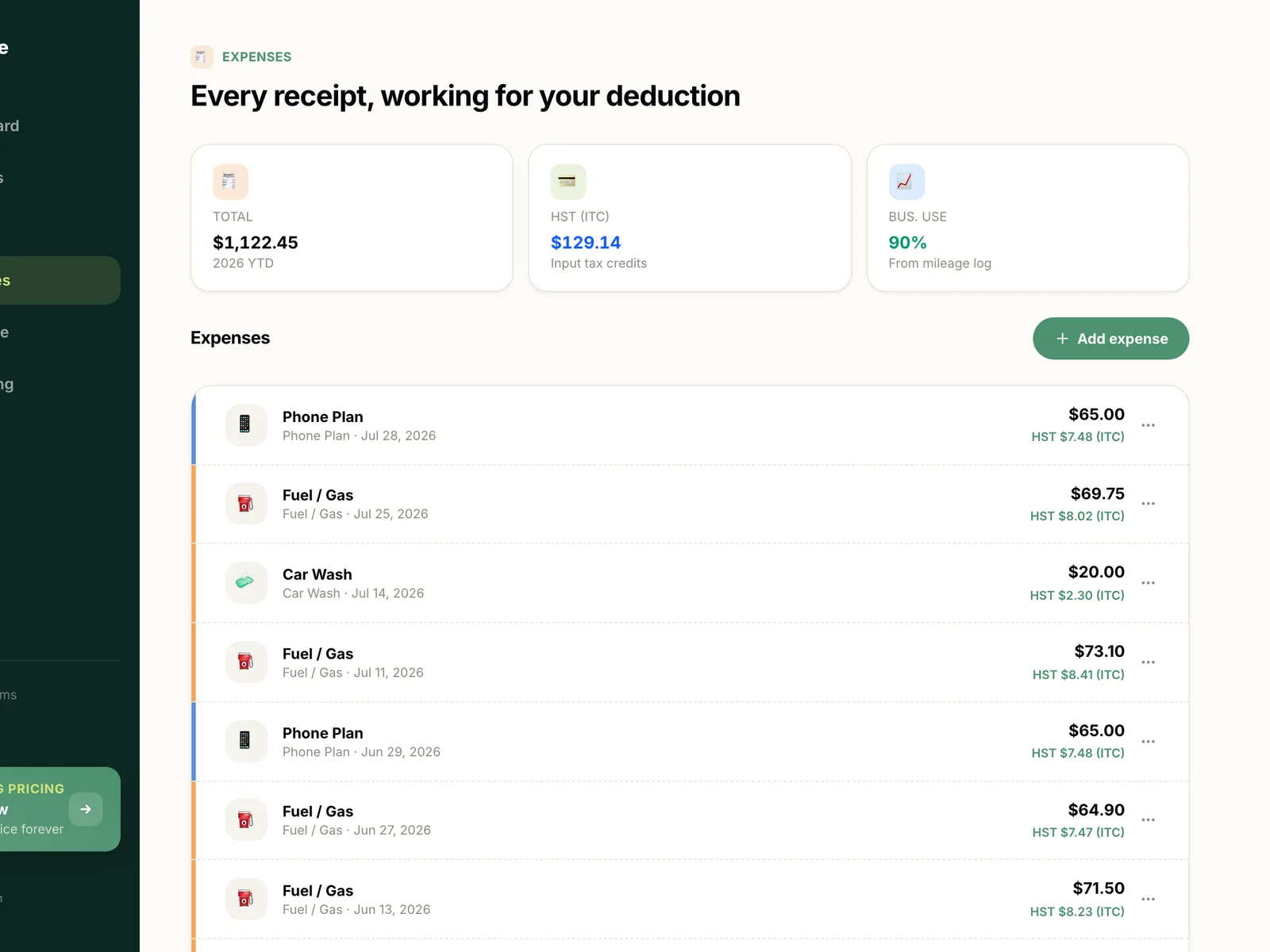 The Supplee expenses list showing fuel, car wash, and phone plan expenses with input tax credits calculated for each, and a year to date total.