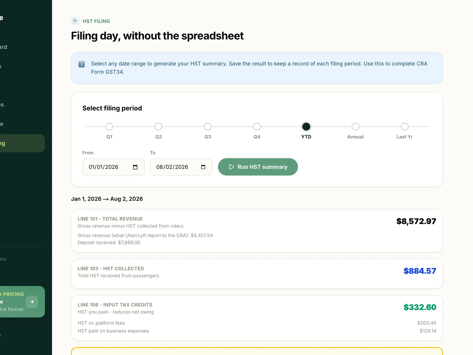 The Supplee HST filing summary showing real GST34 line figures including total revenue, HST collected, input tax credits, and net HST owing for a filing period.
